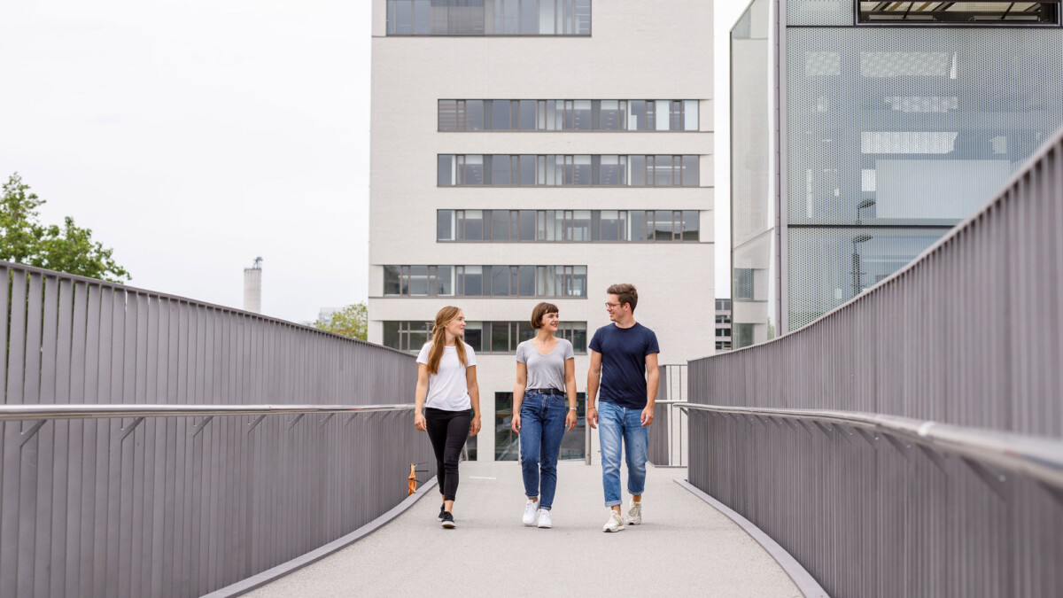 drei Menschen gehen über eine Brücke